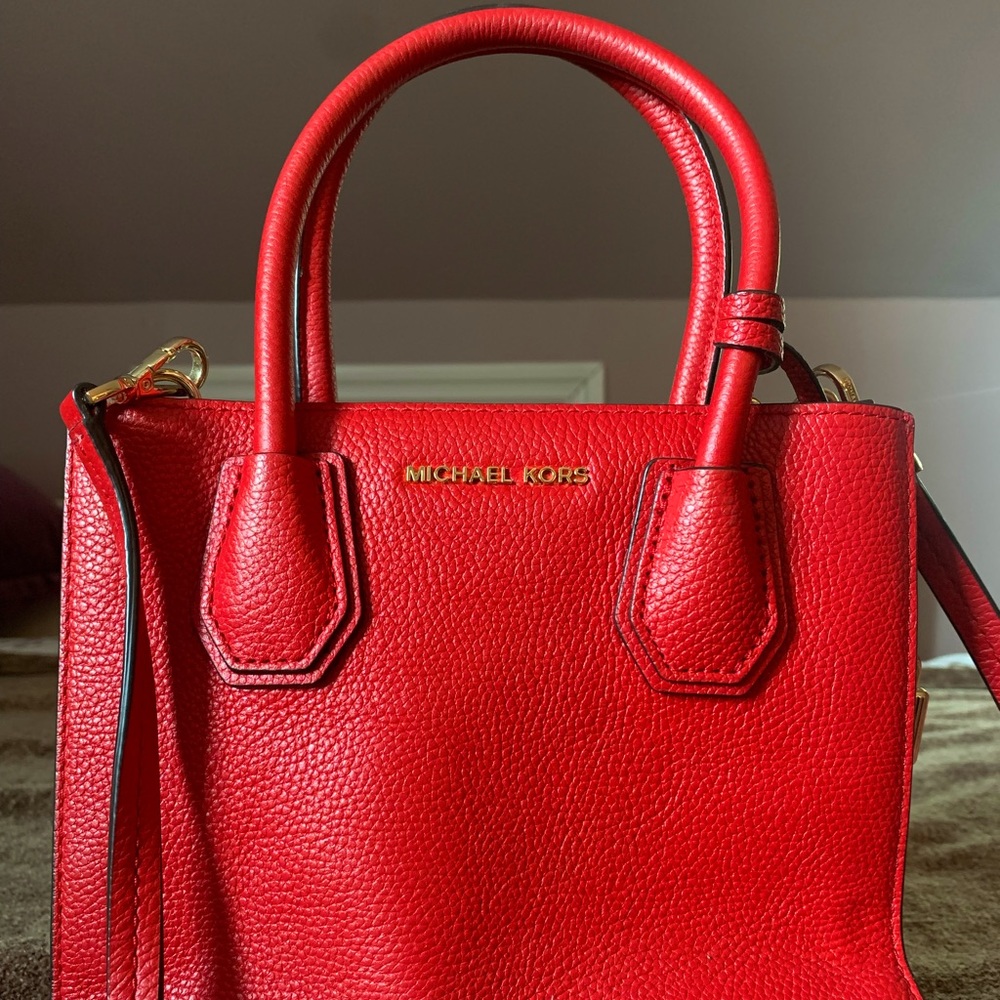 Michael Kors Mercer Medium Saffiano Leather Accordion Crossbody Bag- Red